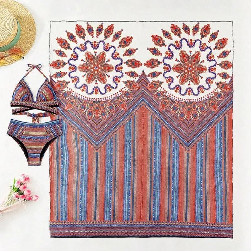 Women's three-piece swimsuit set featuring a high-waist brief, a cutout blouse, and a coat, shown in picture colour.