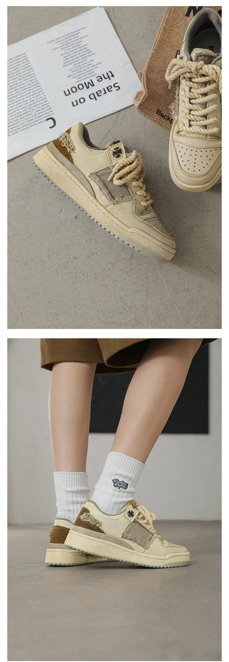 Beige low-top skateboard shoes with microfiber upper and flat rubber sole on white background