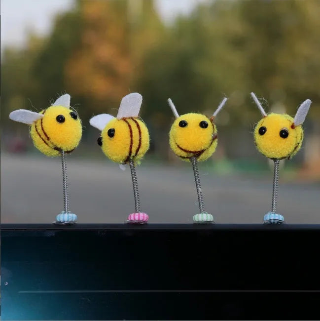 Cartoon bee car decoration with furry texture and swing spring on car dashboard