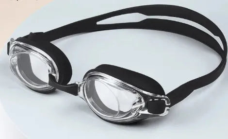 Prescription swimming goggles with anti-fog lenses in black frame with case for myopia correction
