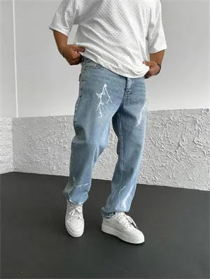 Men's blue straight-leg denim jeans with wide-leg fit and medium elasticity