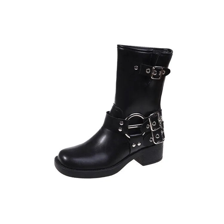 British style women's platform boots with belt buckle detail in middle-calf length