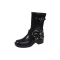 British style women's platform boots with belt buckle detail in middle-calf length