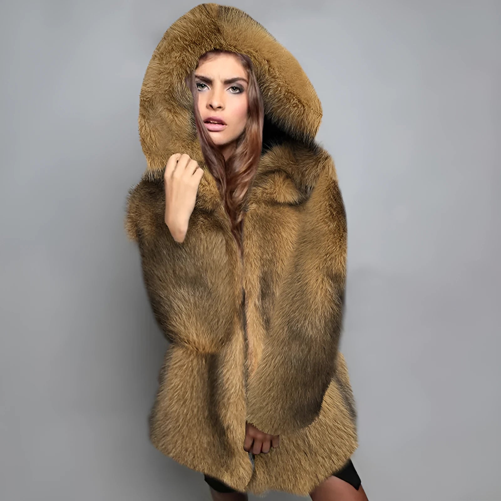 Silver grey loose artificial fur coat for women shown at mid-length