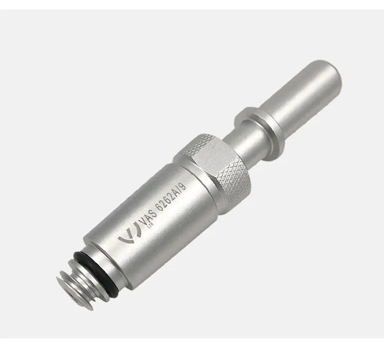 Silver metal transmission refueling joint adapter for VAS6262-9 procedure on white background.