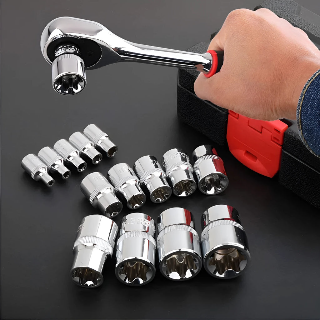 Red toolbox containing a 14-piece chrome vanadium steel E-type socket set for repair work.
