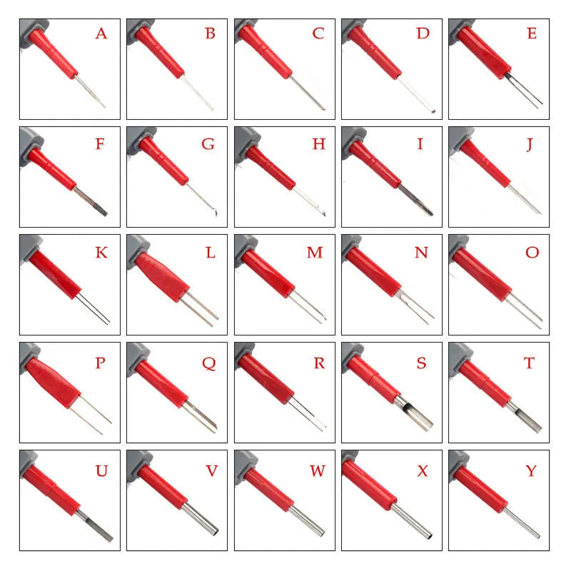 25-piece car terminal removal tool kit in a black storage box for electrical connector disassembly.
