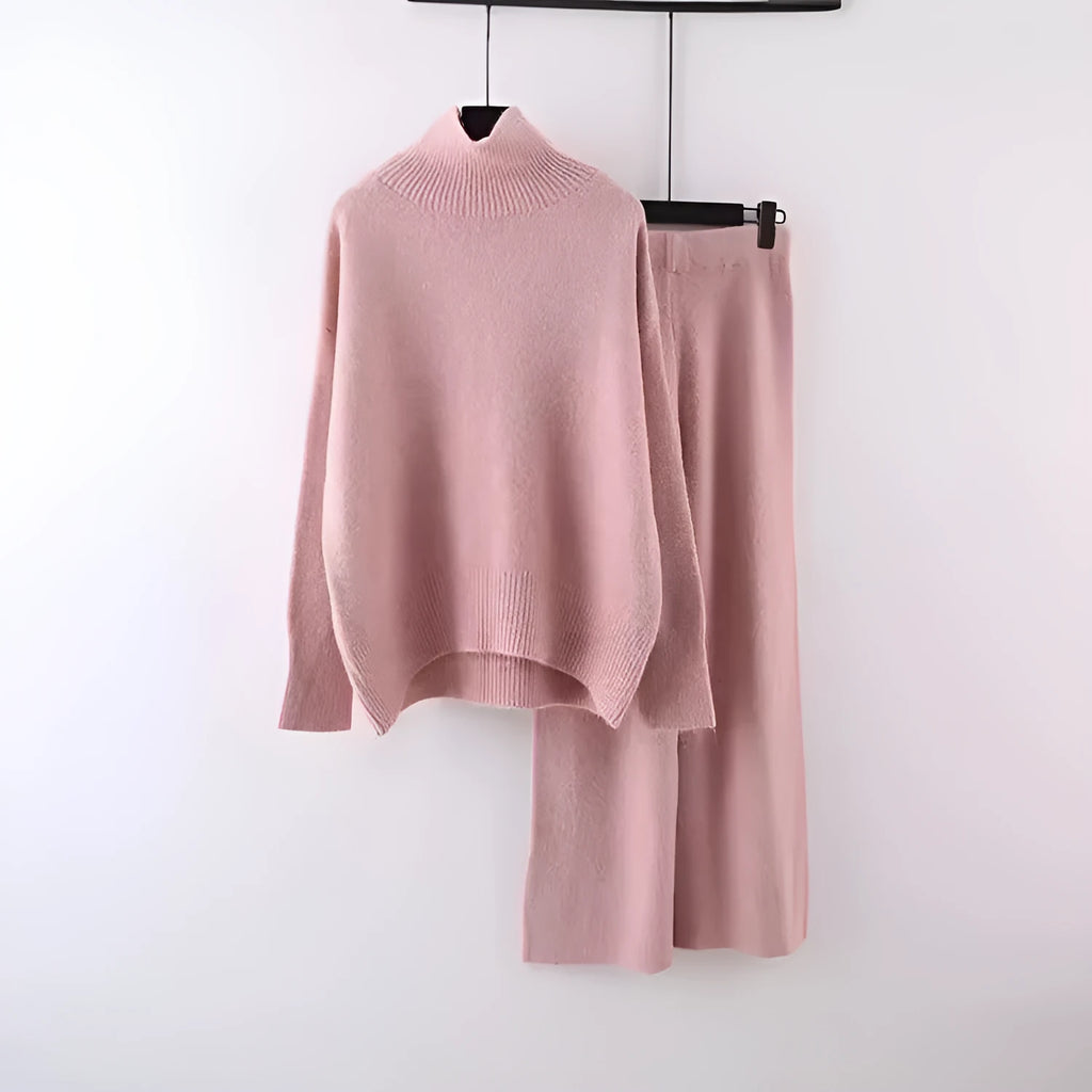 Women's casual long-sleeve sweater and wide-leg trousers co-ordinated set.