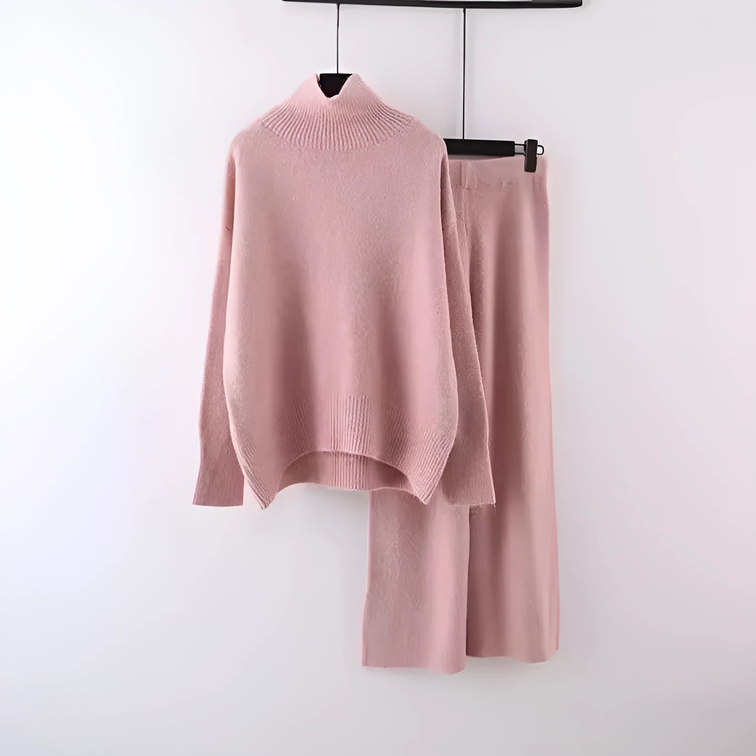 Women's casual long-sleeve sweater and wide-leg trousers co-ordinated set.