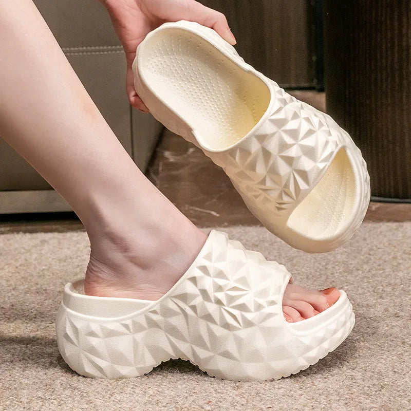 Women's khaki high heel flip flop slippers with a thick moulded EVA sole.