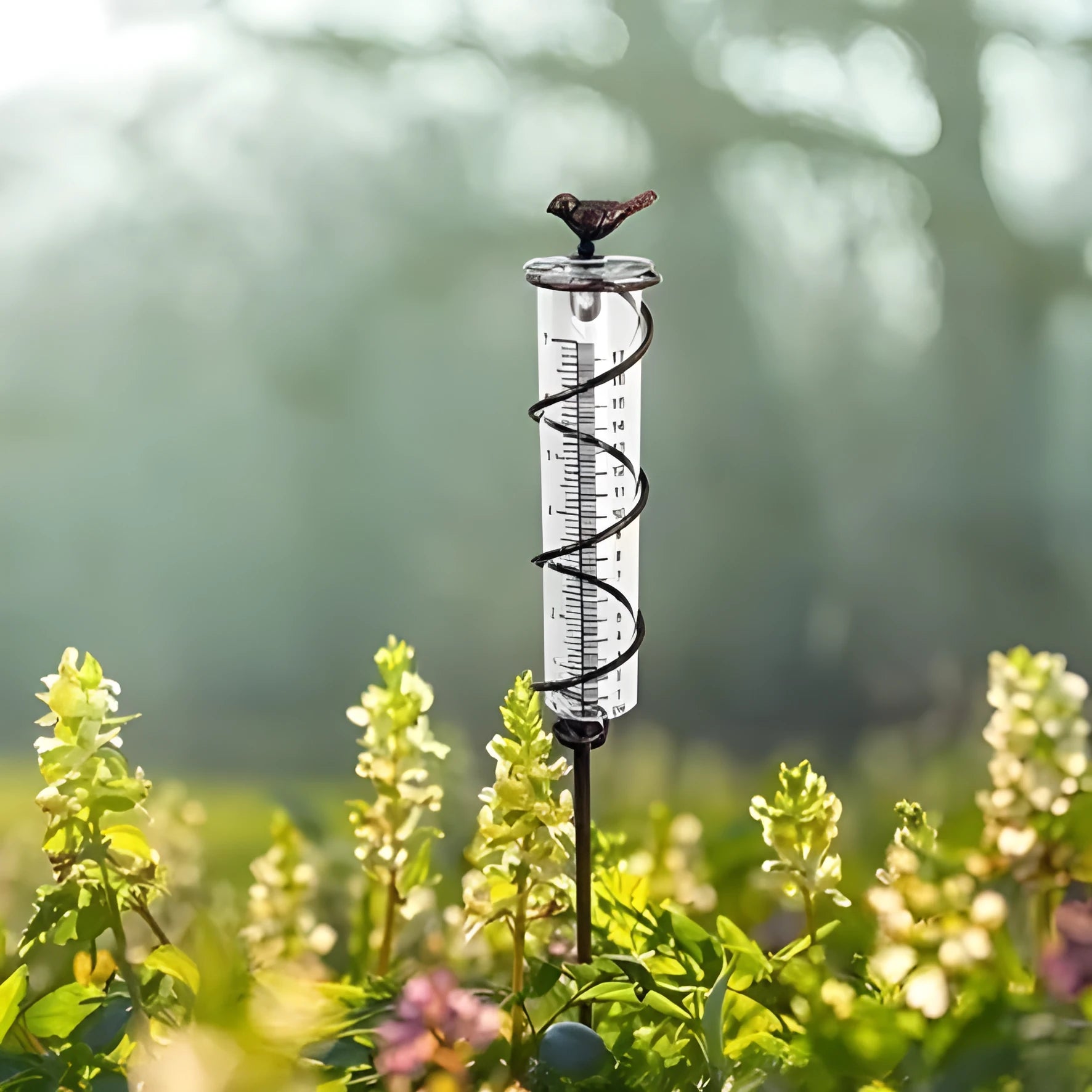 Cast iron bird ornament with glass rain measurement tube showing 0-800ml capacity scale