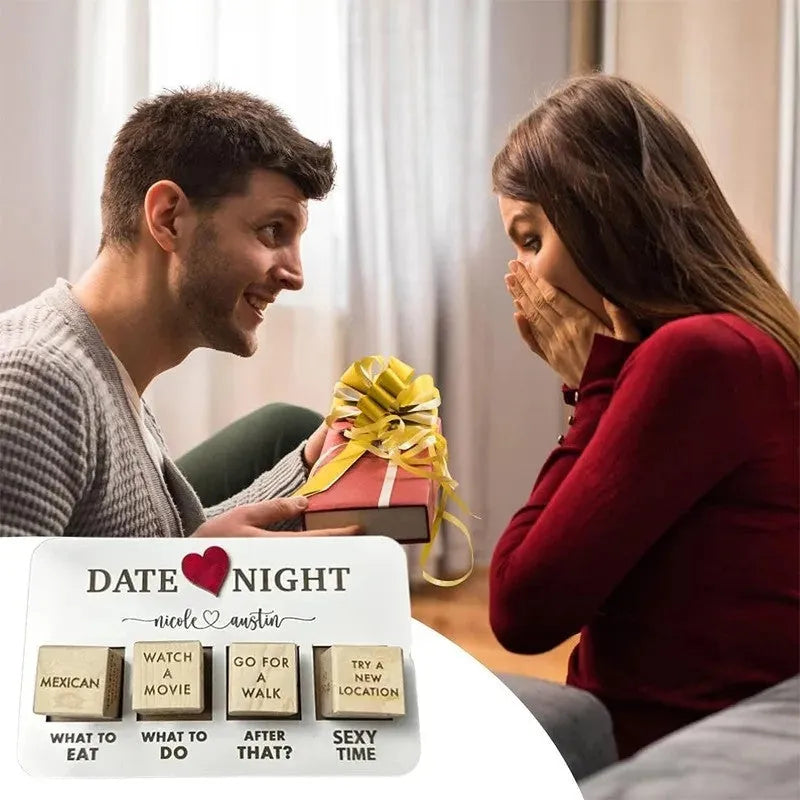 Wooden date night dice set with five dice, planner board and black storage bag for couples