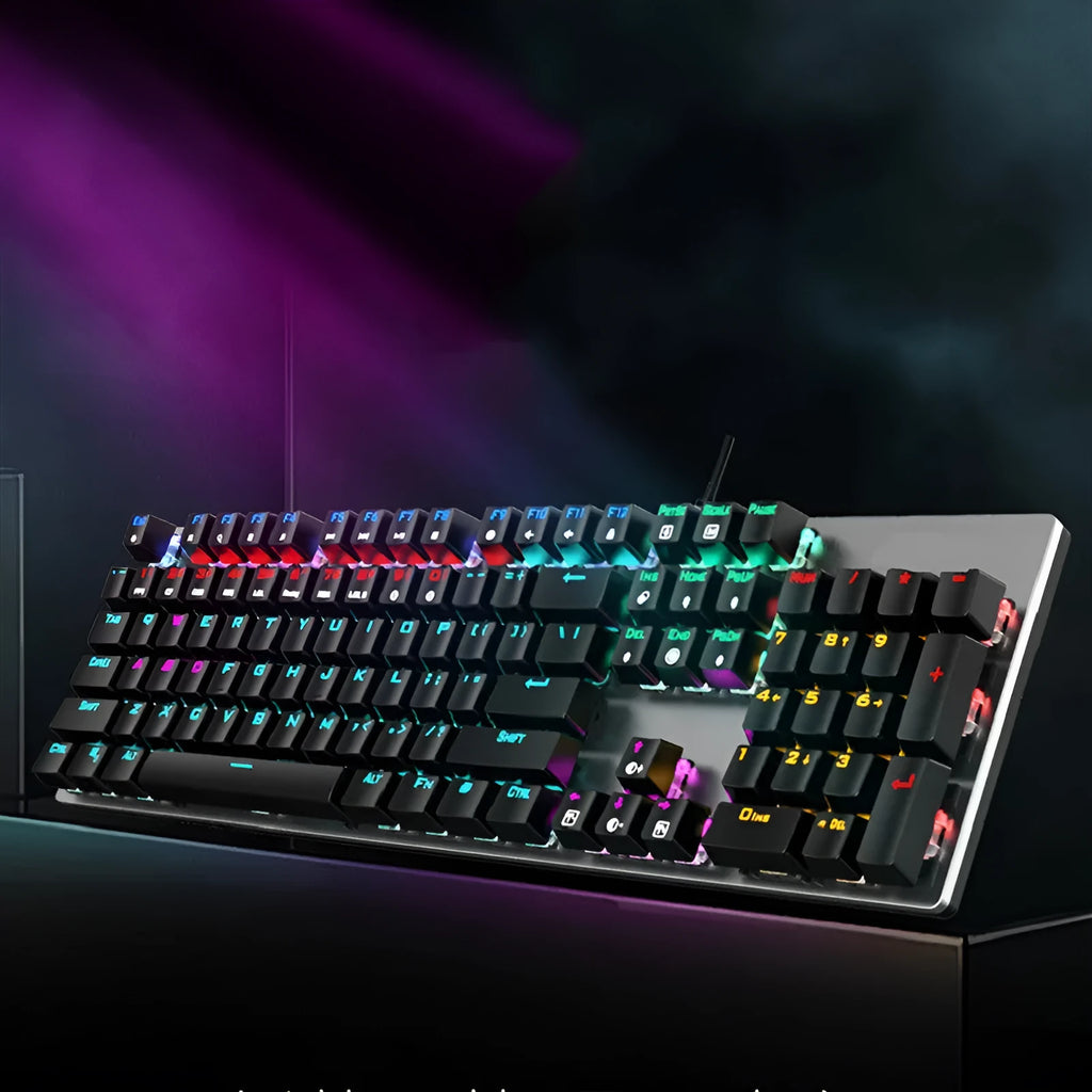 AOC GK410 mechanical keyboard with green switches, metal case, and red backlit keys.