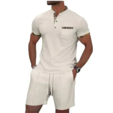 Men's grey short sleeve zip-front polo top and matching shorts on a hanger.