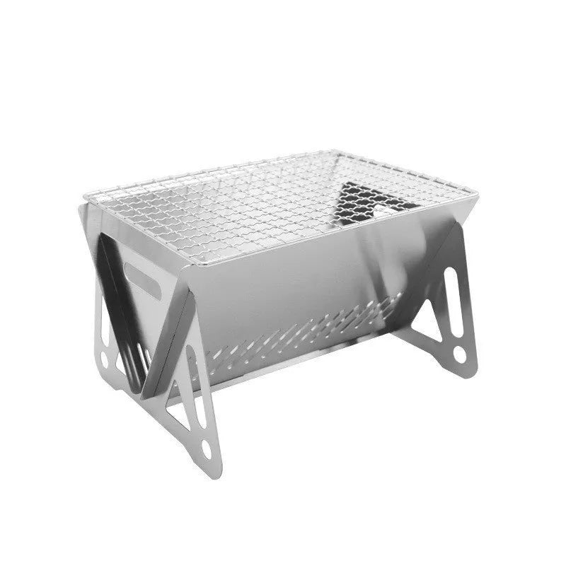 Folding stainless steel outdoor barbecue oven with large grill rack and storage bag.