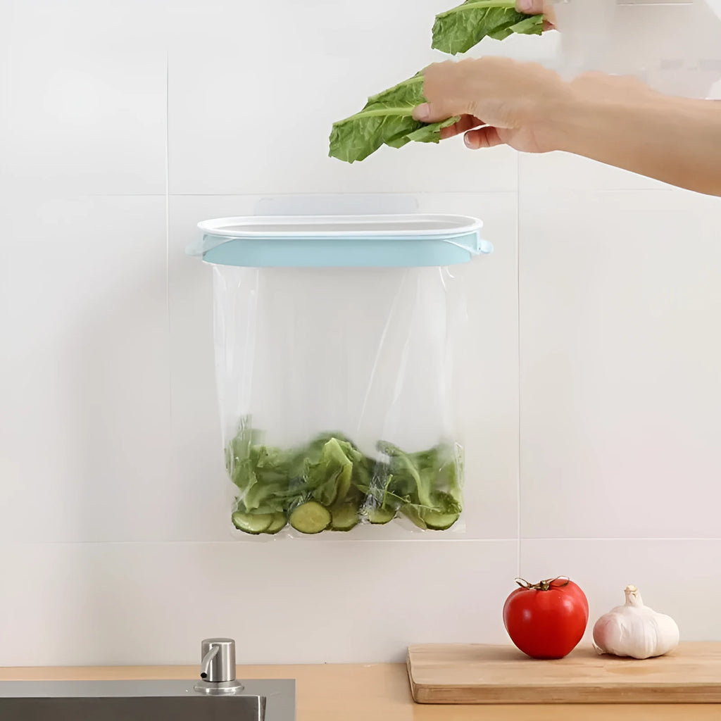 Blue plastic kitchen cabinet garbage bag storage rack mounted on wall
