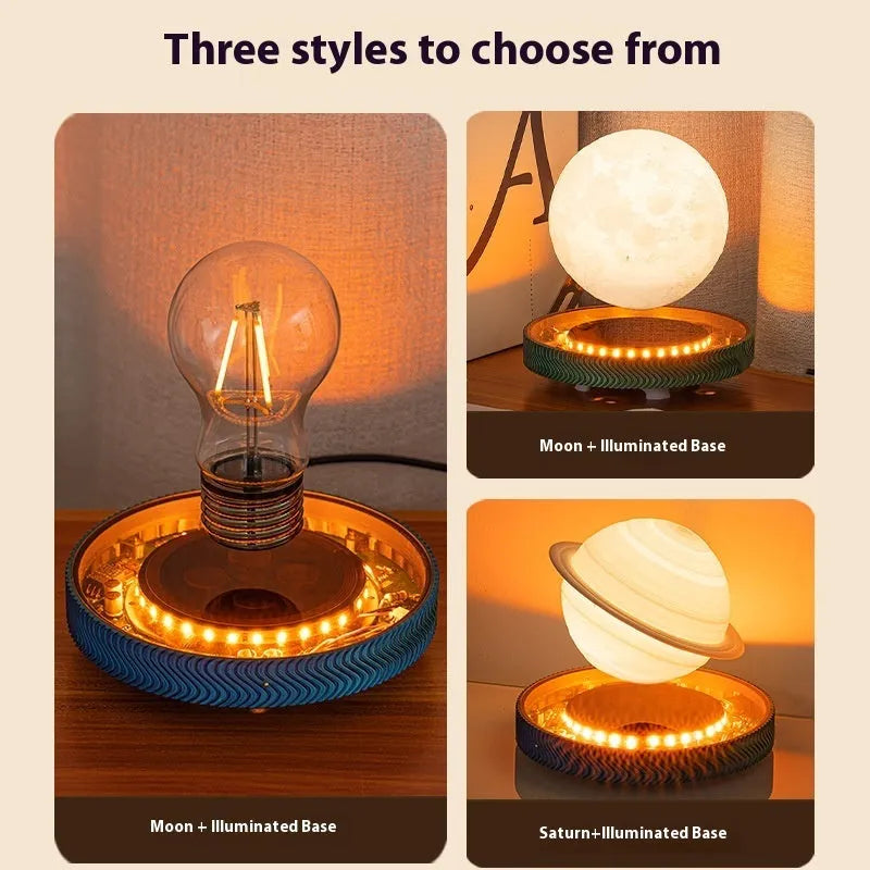 Small magnetic levitating moon lamp floating above its base on a table