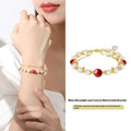 Sterling silver double-layer bracelet with cinnabar red beans and freshwater pearls in geometric design