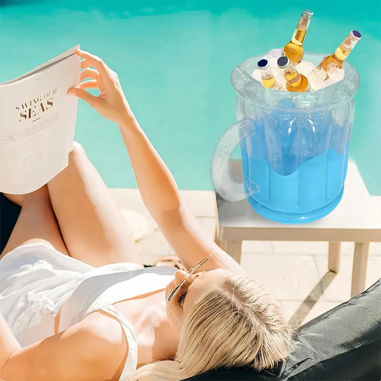 Yellow inflatable PVC ice bucket for portable drinks cooling at outdoor events