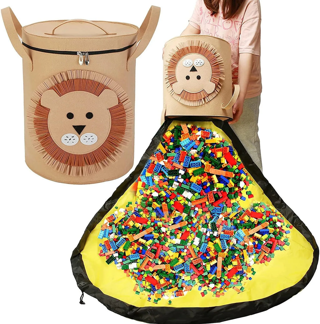 Green felt cube storage bag with pull rope, shown both as a flat play mat and gathered toy bag