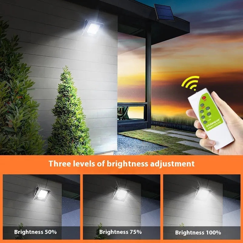 Outdoor solar-powered LED courtyard light with three brightness options and IP65 waterproof rating.