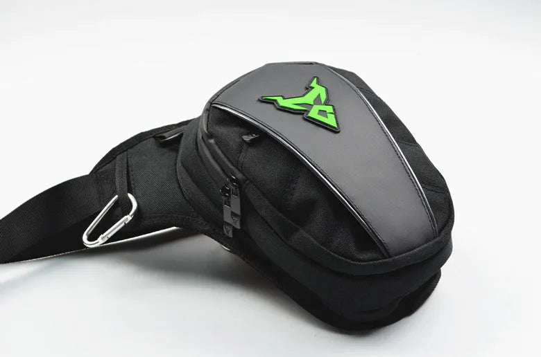 Motorcycle rider leg bag in 1200D Oxford cloth, shown in blue, mounted on a leg.