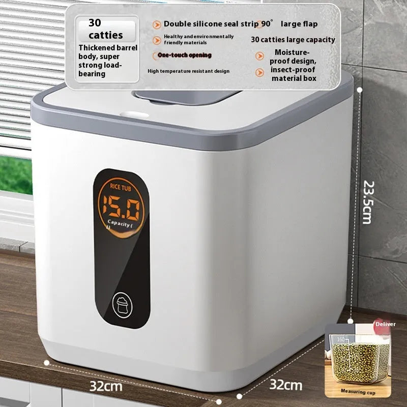 Grey sealed plastic rice storage jar with lid and measuring cup in 10kg, 20kg, and 30kg size options.