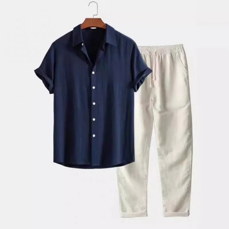 Men's loose fitting short sleeve shirt and casual trousers set in linen-look fabric.