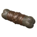 Wood colour plastic sounding bone dog toy with an integrated molar rod for chewing and teeth cleaning.