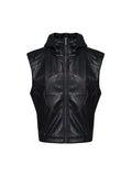Men's black slim fit leather waistcoat coat with hood and five-pointed star decoration