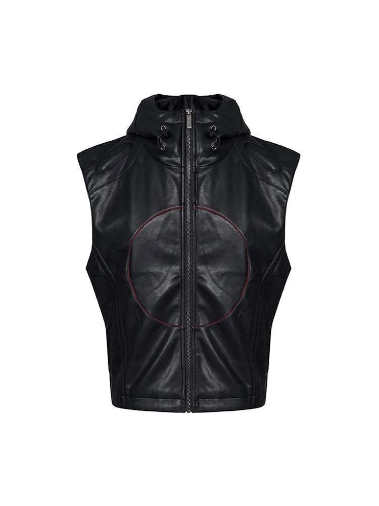 Men's black slim fit leather waistcoat coat with hood and five-pointed star decoration