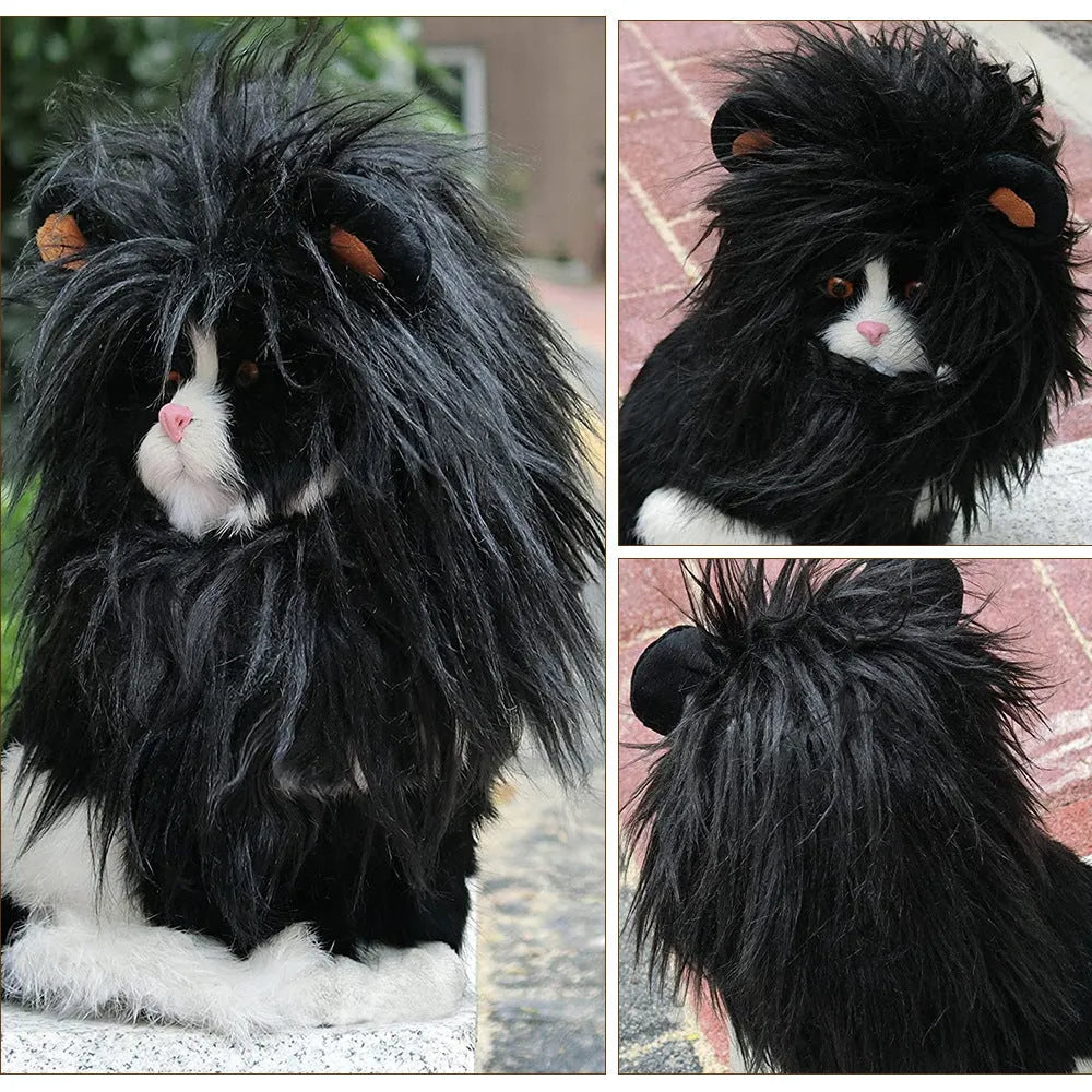 Black lion mane pet cat headgear wig hat shown on a cat, with white colour option available.