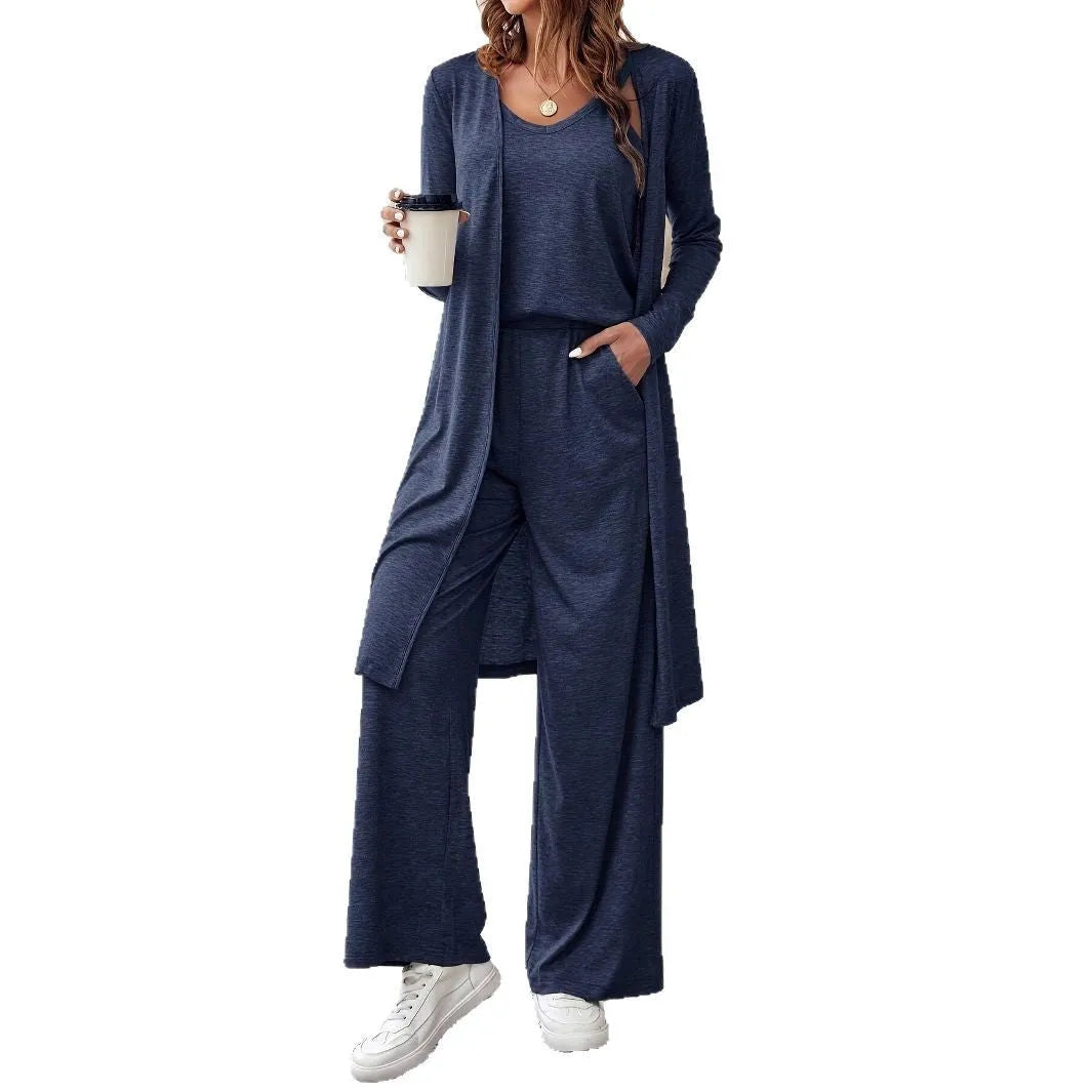 Blue womens casual co-ord set featuring a long sleeve top and matching trousers with detachable braces.