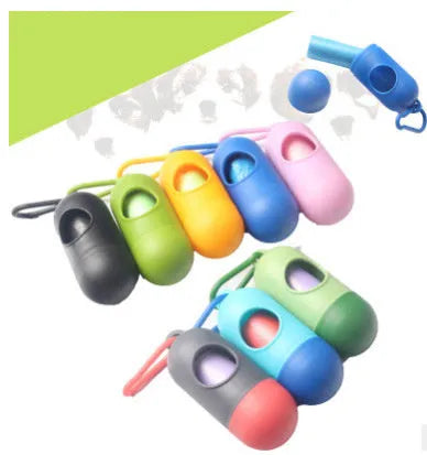 Black dog poop bag holder with side hook and Velcro closure, showing compact size.
