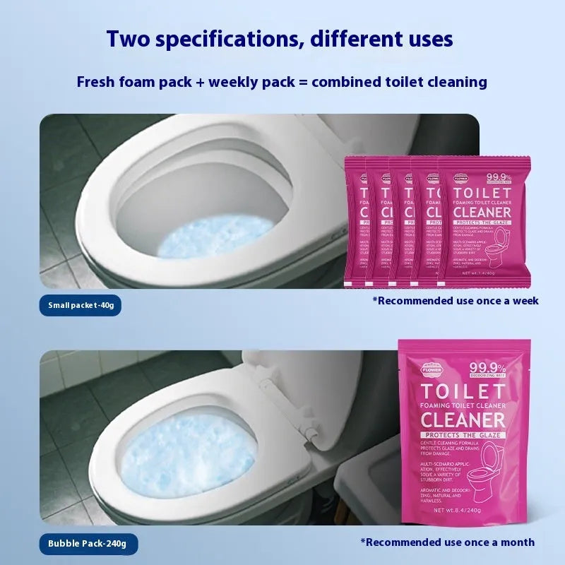 Box and large bag of toilet bubble effervescent powder cleaner for descaling.