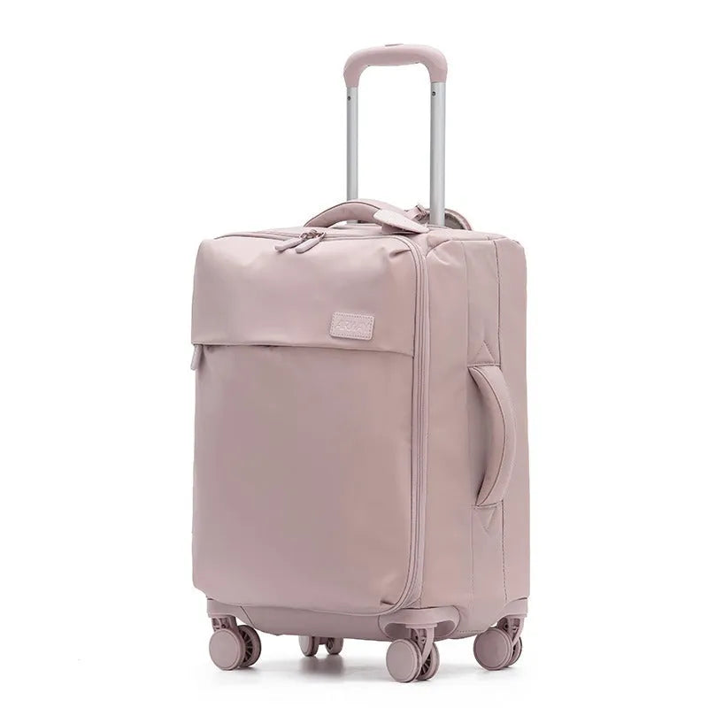 Waterproof Oxford cloth suitcase with universal wheels in six colour options including tea brown and haze blue