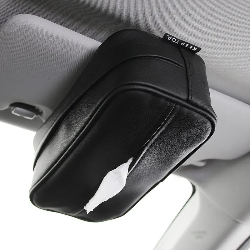 Black PU leather car hanging storage box with adjustable divider shown open.