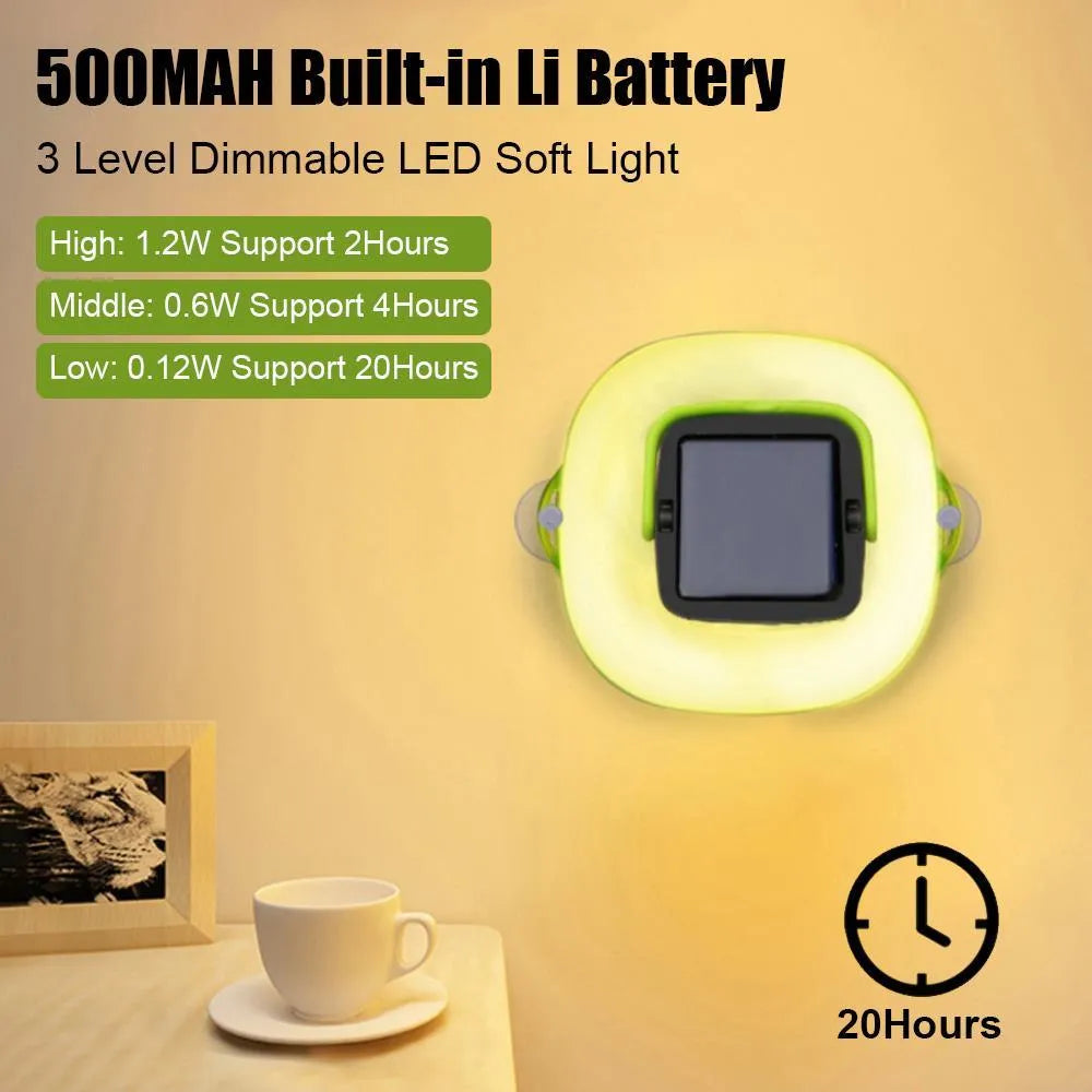 Collapsible IP68 waterproof solar camping light folded to 2.5cm thickness with USB charging port