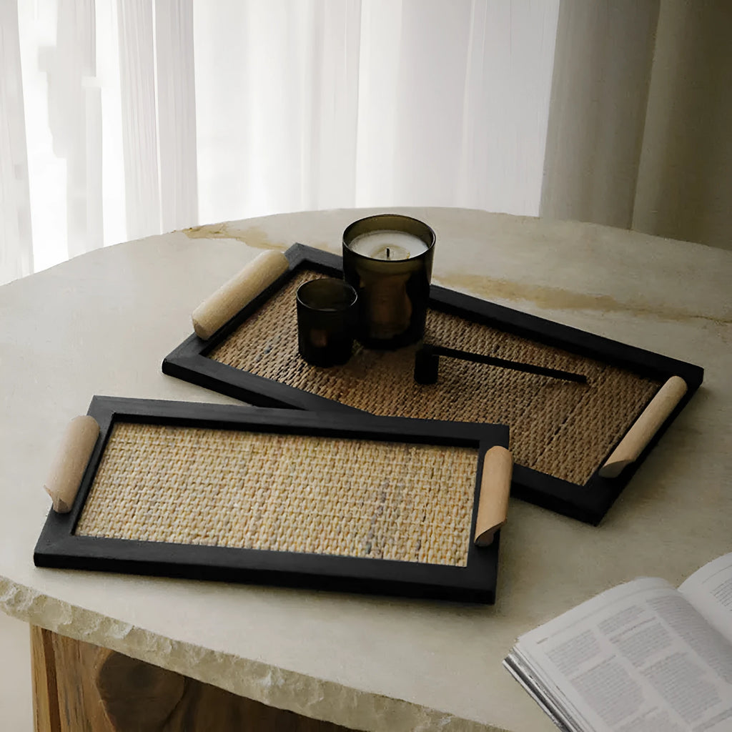 Natural pine wood dining tray with a storage compartment, shown in large and small size options.