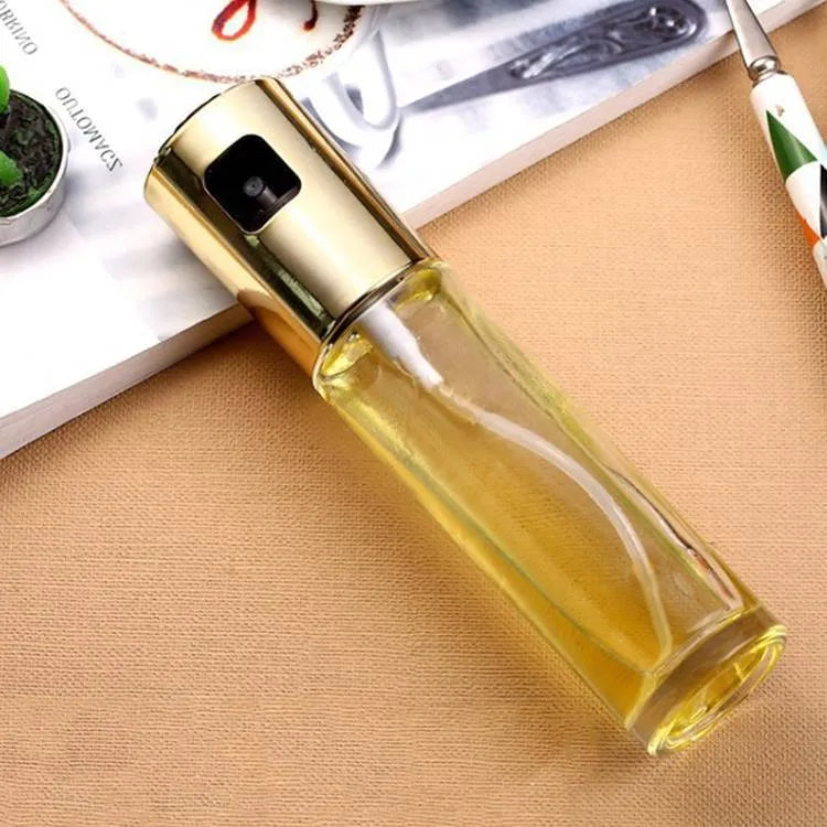 Gold ABS and glass kitchen oil vinegar spray bottle with push pump, 100ml capacity