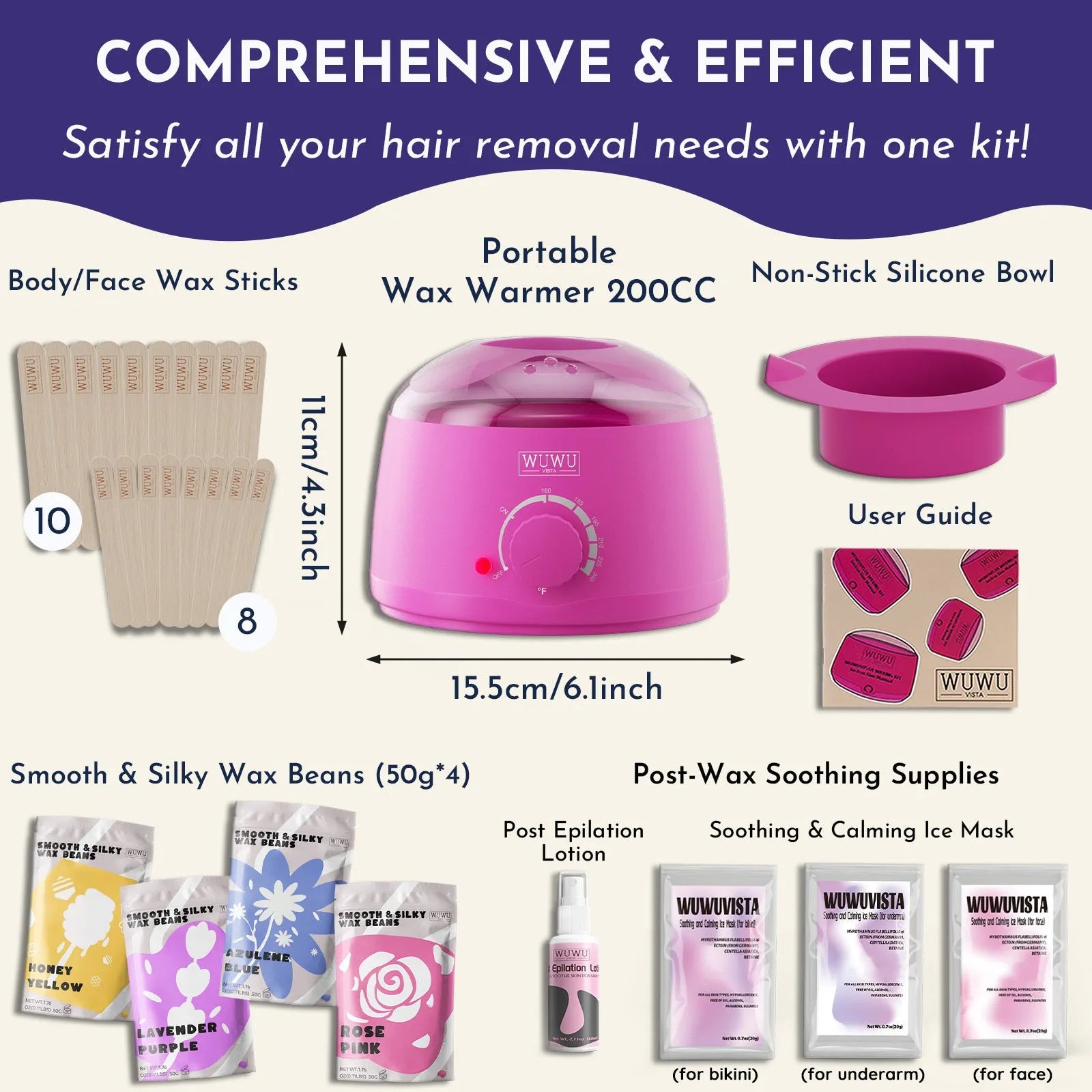 29-piece waxing kit with black warmer, wax beads, aftercare lotion, ice masks and wax sticks