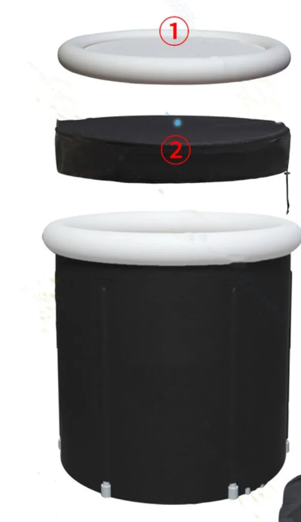 Black inflatable portable ice bath tub with weather lid and accessories for cold water therapy