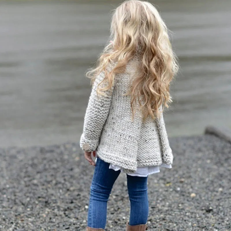 Beige long sleeve cardigan for girls with single-breasted front, made from a knitted rabbit hair blend.