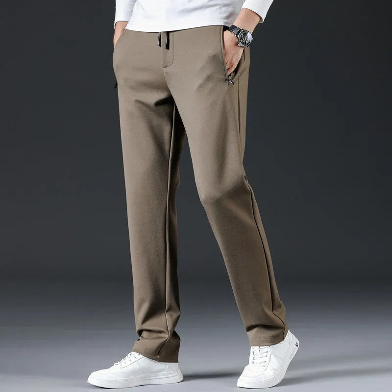 Men's loose straight business trousers in solid color gray with drawstring waist and straight leg