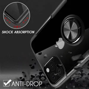 Black PU iPhone case with an integrated swivelling car holder arm attached to the back cover.