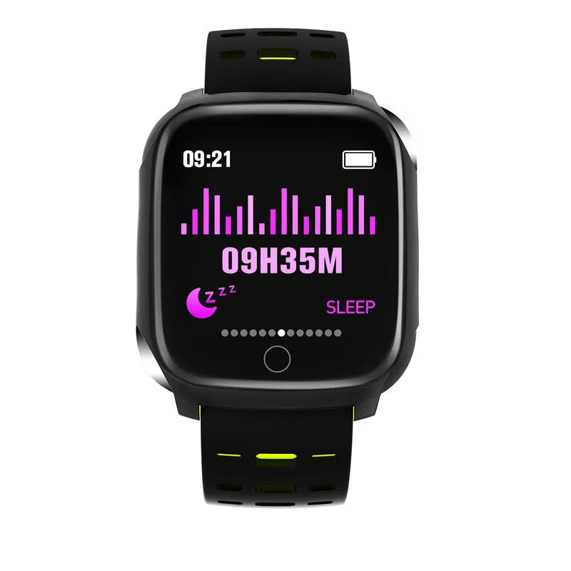 F16 smart watch with ECG monitor on a silicone strap, showing black, grey, green, and red colour options