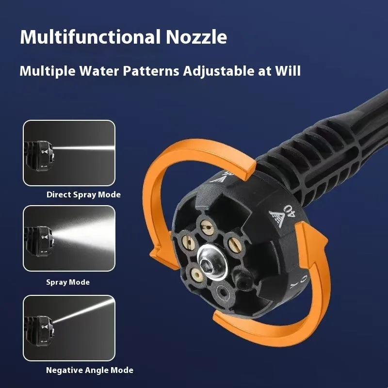 Green wireless high-pressure water gun with metal nozzle and accessories on a table.