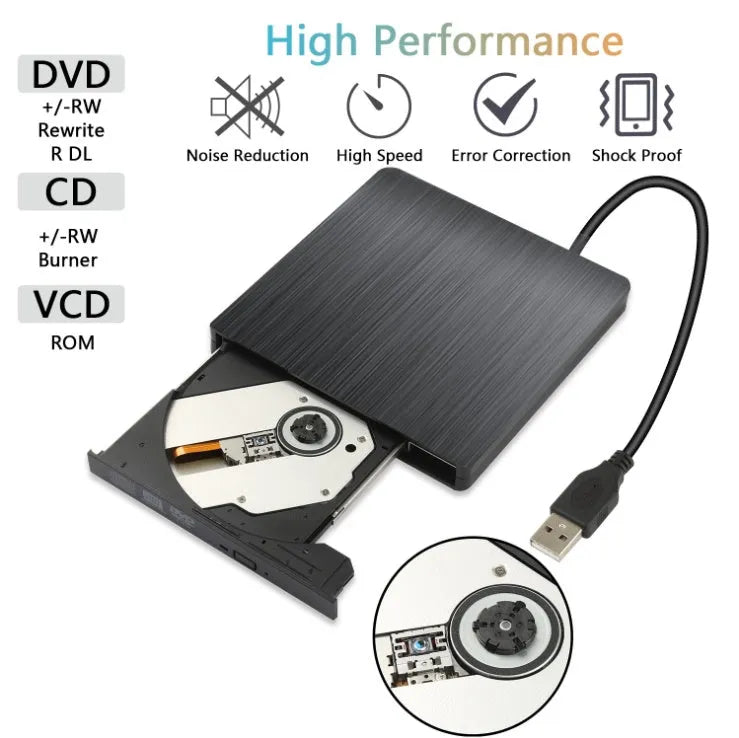 External optical disk drive in black with USB 2.0 and 3.0 support for DVD burning