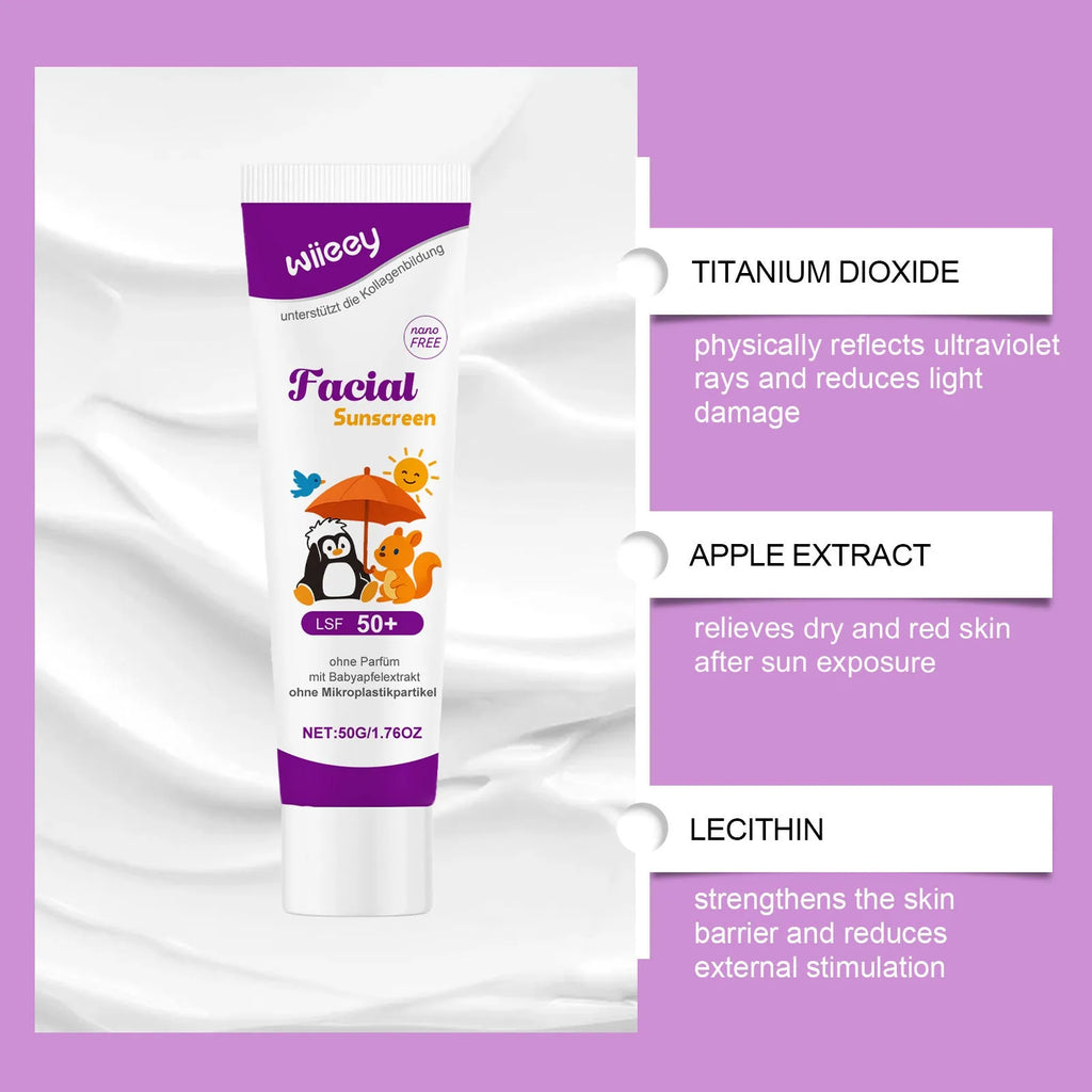 50g tube of SPF 50 sunscreen cream with titanium dioxide for summer protection