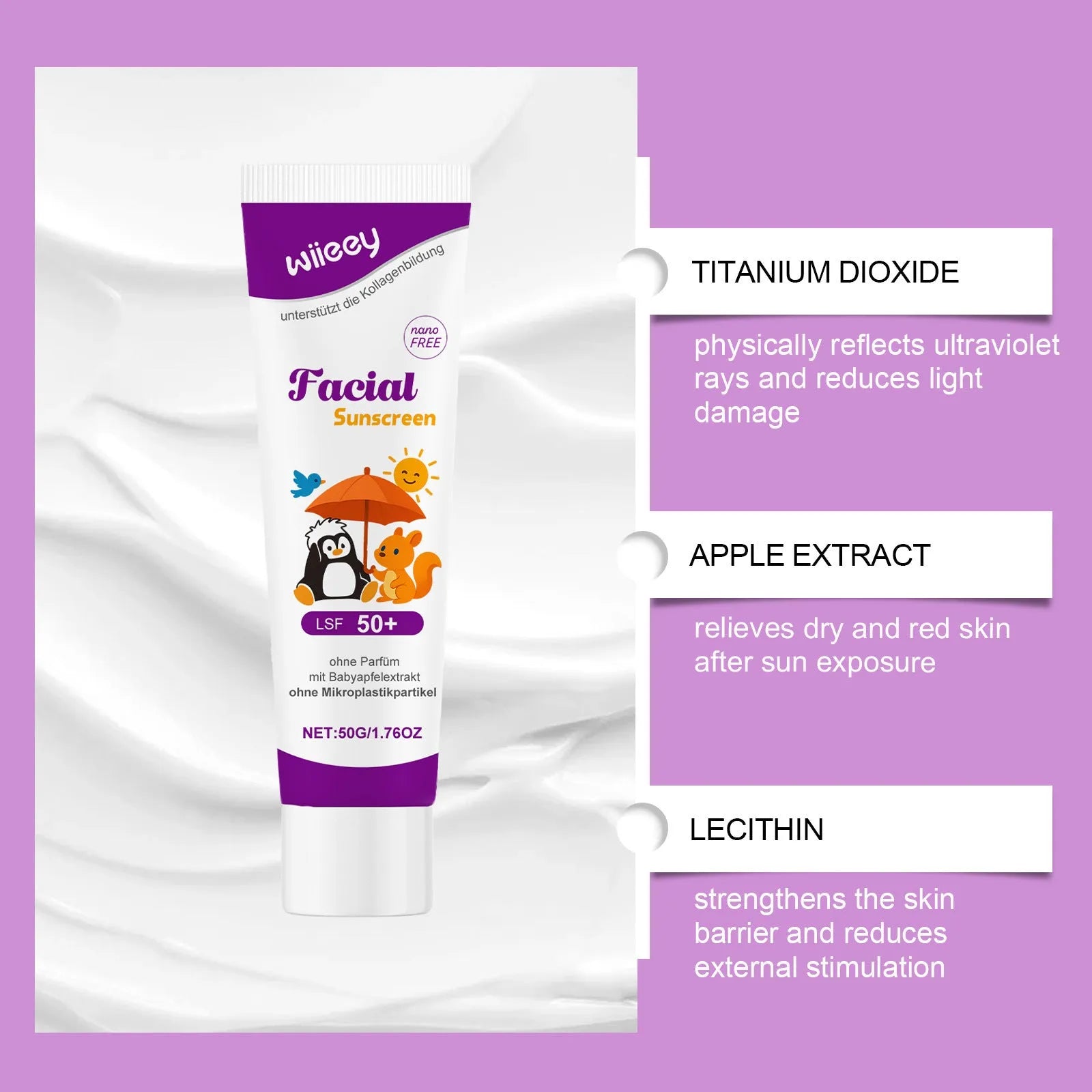 50g tube of SPF 50 sunscreen cream with titanium dioxide for summer protection